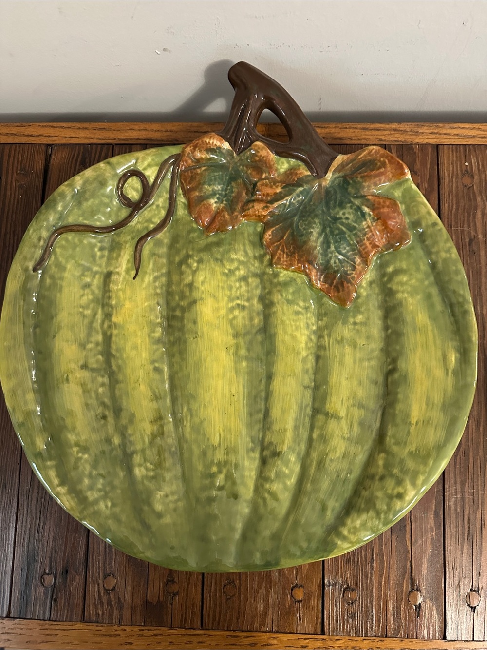 Hand-Painted Green Ceramic Pumpkin Platter with Brown Stem